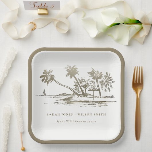 Tropical Beach Palm Tree Sketch Pale Gold Hochzeit Pappteller (Hochzeit)
