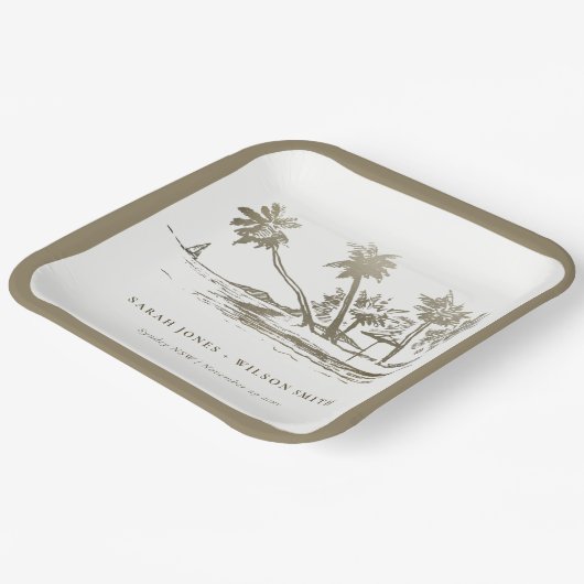 Tropical Beach Palm Tree Sketch Pale Gold Hochzeit Pappteller (Gewinkelt)