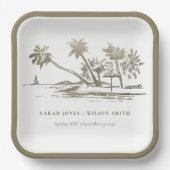 Tropical Beach Palm Tree Sketch Pale Gold Hochzeit Pappteller (Vorderseite)