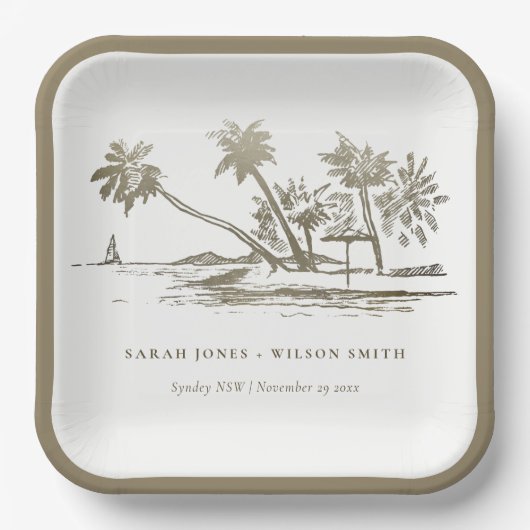 Tropical Beach Palm Tree Sketch Pale Gold Hochzeit Pappteller (Vorderseite)