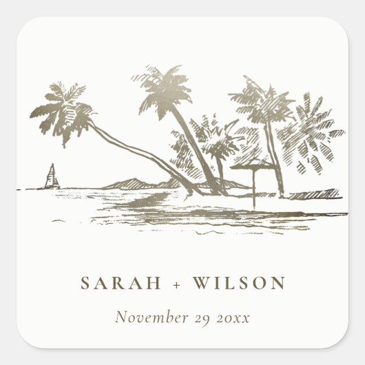 Tropical Beach Palm Tree Sketch Pale Gold Hochzeit Quadratischer Aufkleber (Vorderseite)