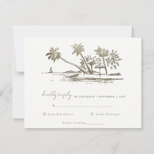 Tropical Beach Palm Tree Sketch Pale Gold Hochzeit RSVP Karte (Vorderseite)