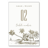 Tropical Beach Palm Tree Sketch Pale Gold Hochzeit Tischnummer (Rückseite)