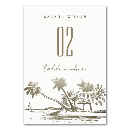 Tropical Beach Palm Tree Sketch Pale Gold Hochzeit Tischnummer (Rückseite)