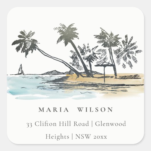 Tropical Beach Palm Tree Sketch Wasserfarbenadress Quadratischer Aufkleber (Vorderseite)