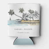 Tropical Beach Palm Tree Sketch Wasserfarbenhochze Dosenkühler (Vorderseite)