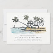 Tropical Beach Palm Tree Sketch Wasserfarbenhochze Einladung (Vorderseite)