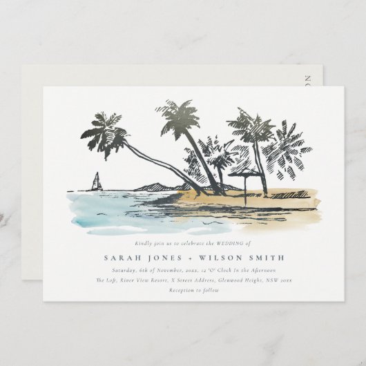 Tropical Beach Palm Tree Sketch Wasserfarbenhochze Einladung (Vorne/Hinten)
