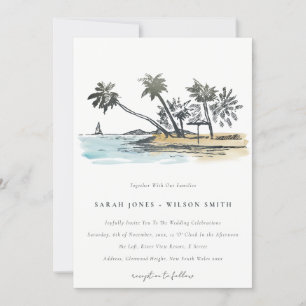 Tropical Beach Palm Tree Sketch Wasserfarbenhochze Einladung