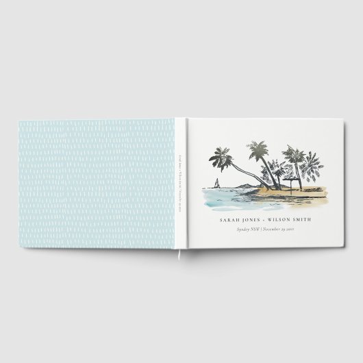 Tropical Beach Palm Tree Sketch Wasserfarbenhochze Gästebuch (Voll)