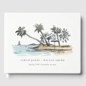 Tropical Beach Palm Tree Sketch Wasserfarbenhochze Gästebuch (Vorderseite)
