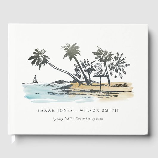 Tropical Beach Palm Tree Sketch Wasserfarbenhochze Gästebuch (Vorderseite)