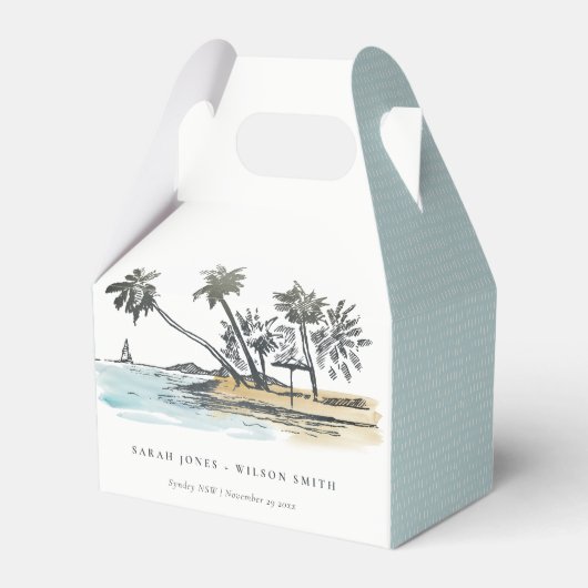 Tropical Beach Palm Tree Sketch Wasserfarbenhochze Geschenkschachtel (Rückseite)