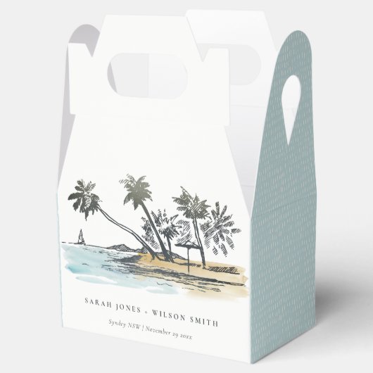 Tropical Beach Palm Tree Sketch Wasserfarbenhochze Geschenkschachtel (Geöffnet)