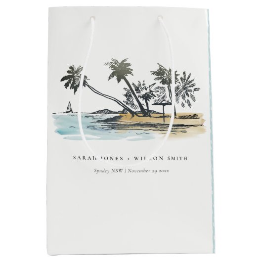 Tropical Beach Palm Tree Sketch Wasserfarbenhochze Mittlere Geschenktüte (Vorderseite)