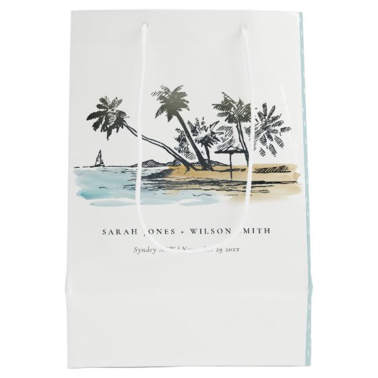 Tropical Beach Palm Tree Sketch Wasserfarbenhochze Mittlere Geschenktüte (Rückseite)