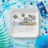 Tropical Beach Palm Tree Sketch Wasserfarbenhochze Pappteller (Party)