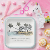 Tropical Beach Palm Tree Sketch Wasserfarbenhochze Pappteller (Party)