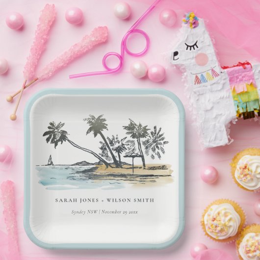 Tropical Beach Palm Tree Sketch Wasserfarbenhochze Pappteller (Party)