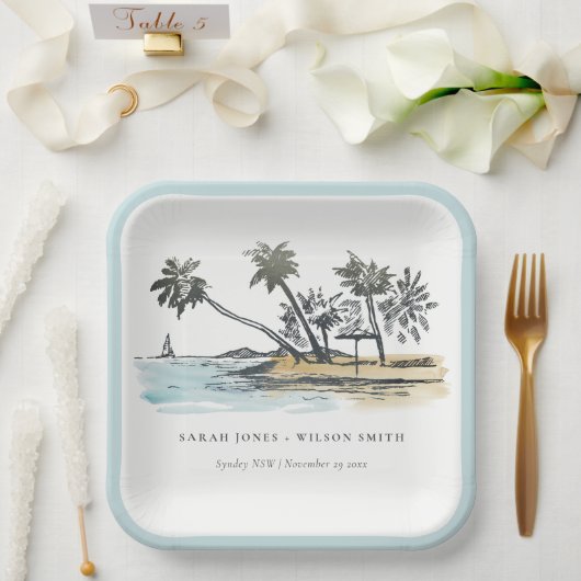 Tropical Beach Palm Tree Sketch Wasserfarbenhochze Pappteller (Hochzeit)