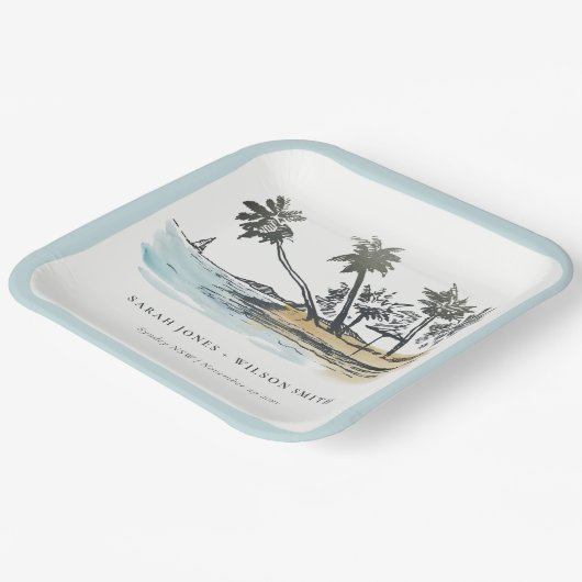 Tropical Beach Palm Tree Sketch Wasserfarbenhochze Pappteller (Gewinkelt)