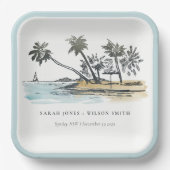 Tropical Beach Palm Tree Sketch Wasserfarbenhochze Pappteller (Vorderseite)