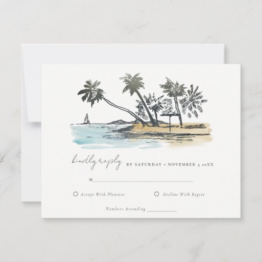 Tropical Beach Palm Tree Sketch Wasserfarbenhochze RSVP Karte (Vorderseite)