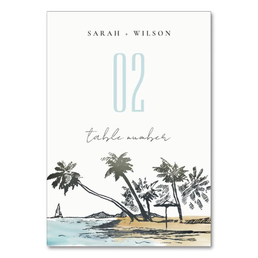 Tropical Beach Palm Tree Sketch Wedding Wasserfarb Tischnummer (Vorderseite)
