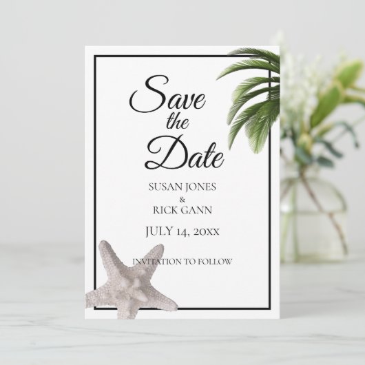 Tropical Beach Palm Tree Starfish Modern Save The Date (Stehend Vorderseite)