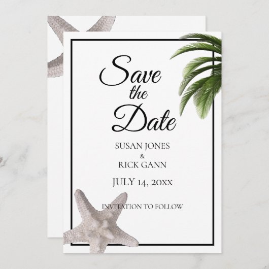 Tropical Beach Palm Tree Starfish Modern Save The Date (Vorne/Hinten)