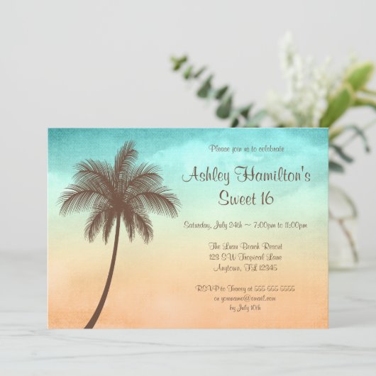 Tropical Beach Palm Tree Sweet 16 Einladung (Stehend Vorderseite)