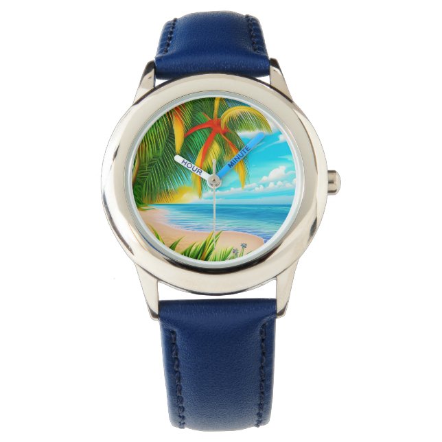 Tropical Beach Palm Tree Szene Armbanduhr (Vorderseite)