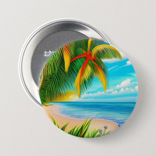 Tropical Beach Palm Tree Szene Button (Vorne & Hinten)