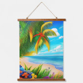 Tropical Beach Palm Tree Szene Wandteppich Mit Holzrahmen (Vorderseite)