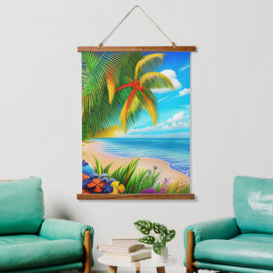 Tropical Beach Palm Tree Szene Wandteppich Mit Holzrahmen
