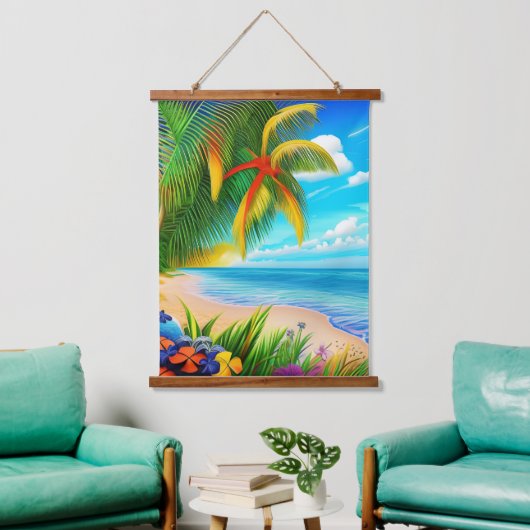 Tropical Beach Palm Tree Szene Wandteppich Mit Holzrahmen (Wohnzimmer)