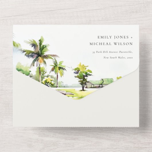 Tropical Beach Palm Tree Wasserfarbenhochzeit All In One Einladung (Rückseite)