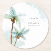 Tropical Beach Palm Tree Wasserfarbenhochzeit Runder Pappuntersetzer (Vorderseite)