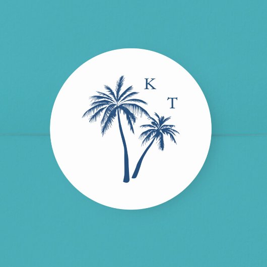 Tropical Beach Palm Tree Wedding Monogram Runder Aufkleber