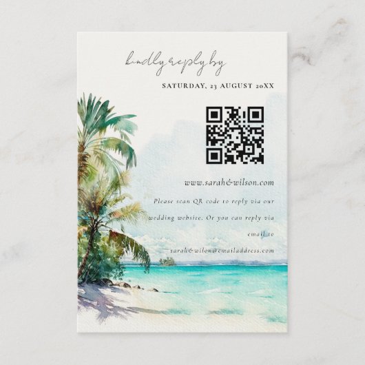 Tropical Beach Palm Tree Wedding RSVP QR Code Begleitkarte (Vorderseite)
