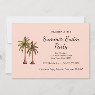 Tropical Beach Palm Trees Blush Pink Pool Party Einladung