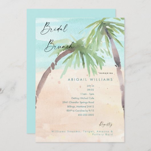 Tropical Beach Palm Trees Bridal Brunch Einladung (Vorne/Hinten)