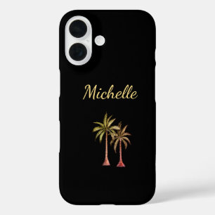 Tropical Beach Palm Trees Gold Script Black iPhone 16 Hülle