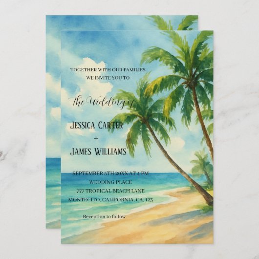 Tropical Beach Palm Trees Hochzeit in Urlaubsort Einladung (Vorne/Hinten)