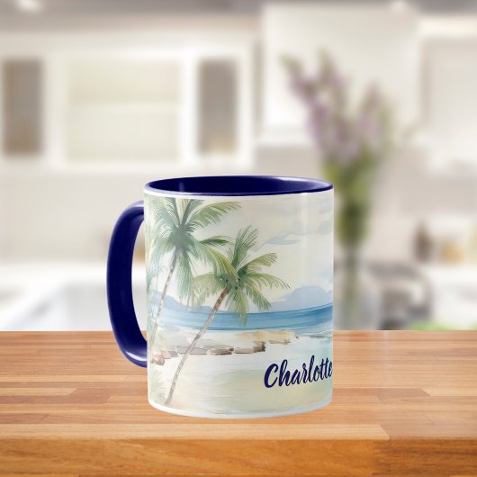Tropical beach palm trees name blue summer tasse