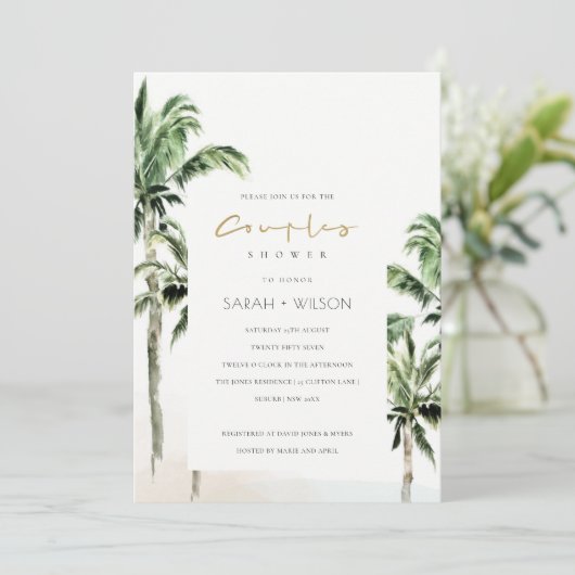 Tropical Beach Palm Trees Paare Dusche laden ein Dankeskarte (Stehend Vorderseite)