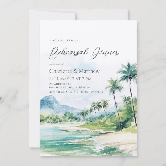 Tropical Beach Palm Trees Probe Abendessen Einladung (Vorderseite)