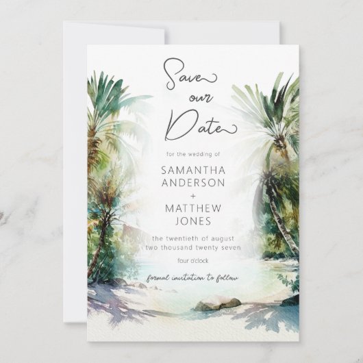 Tropical Beach Palm Trees Save the Date Einladung (Vorderseite)