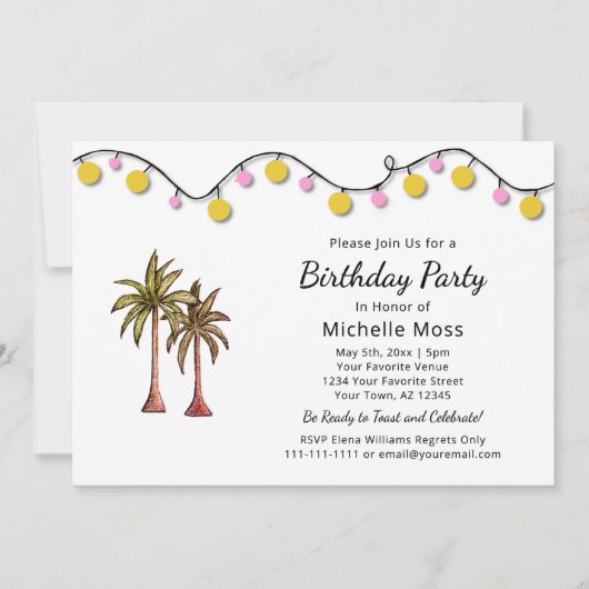 Tropical Beach Palm Trees String Lights zum Geburt Einladung (Vorderseite)