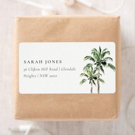 Tropical Beach Palm Trees Wasserfarben-Adressetike (Insitu)